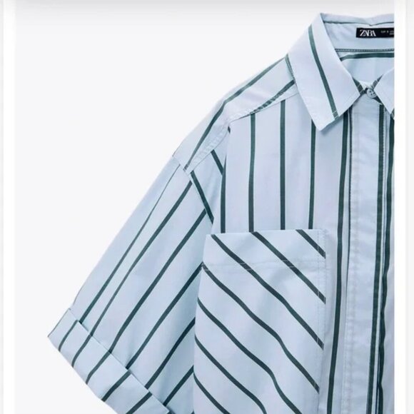 ZARA Light Blue Short-Sleeve Striped Cropped Shirt - Size XS NWT - Picture 6 of 8